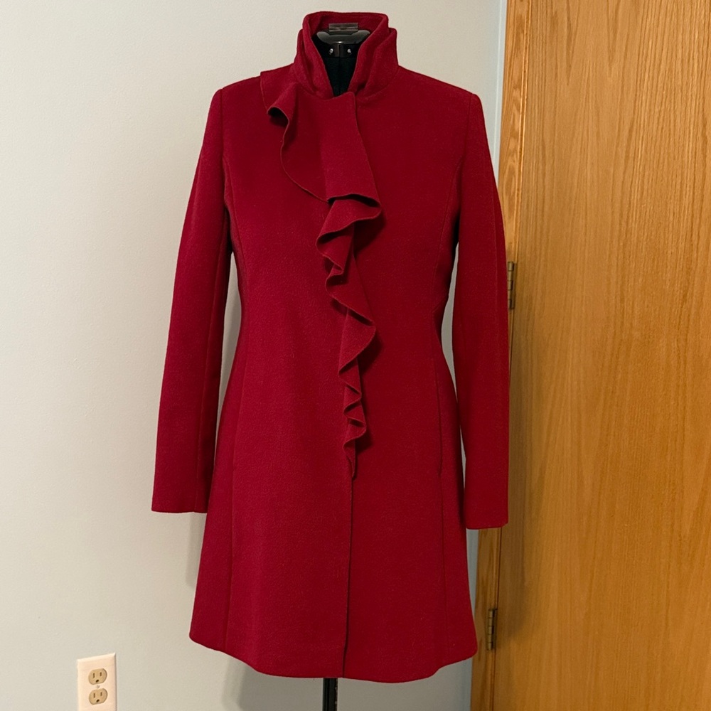 DKNY Elegant Red Ruffle Coat